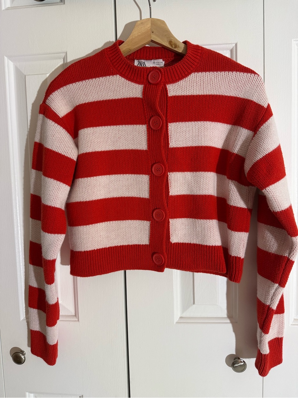 ZARA Red and Cream Striped Button Cardigan